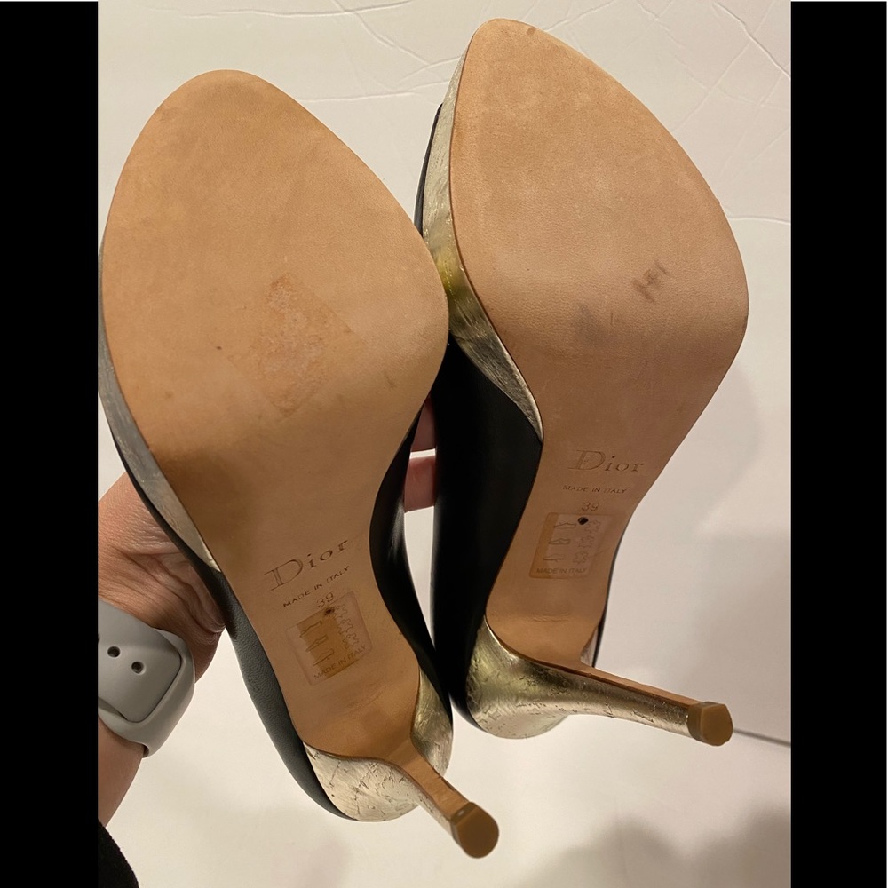 Christian Dior open toe pumps heels leather coated cork black pale gold 39 - Picture 11 of 13